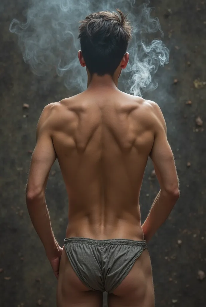 Real skinny Asian man without clothes naked showing his ass/butt/Anus while smoking letting out your smoke without clothes 