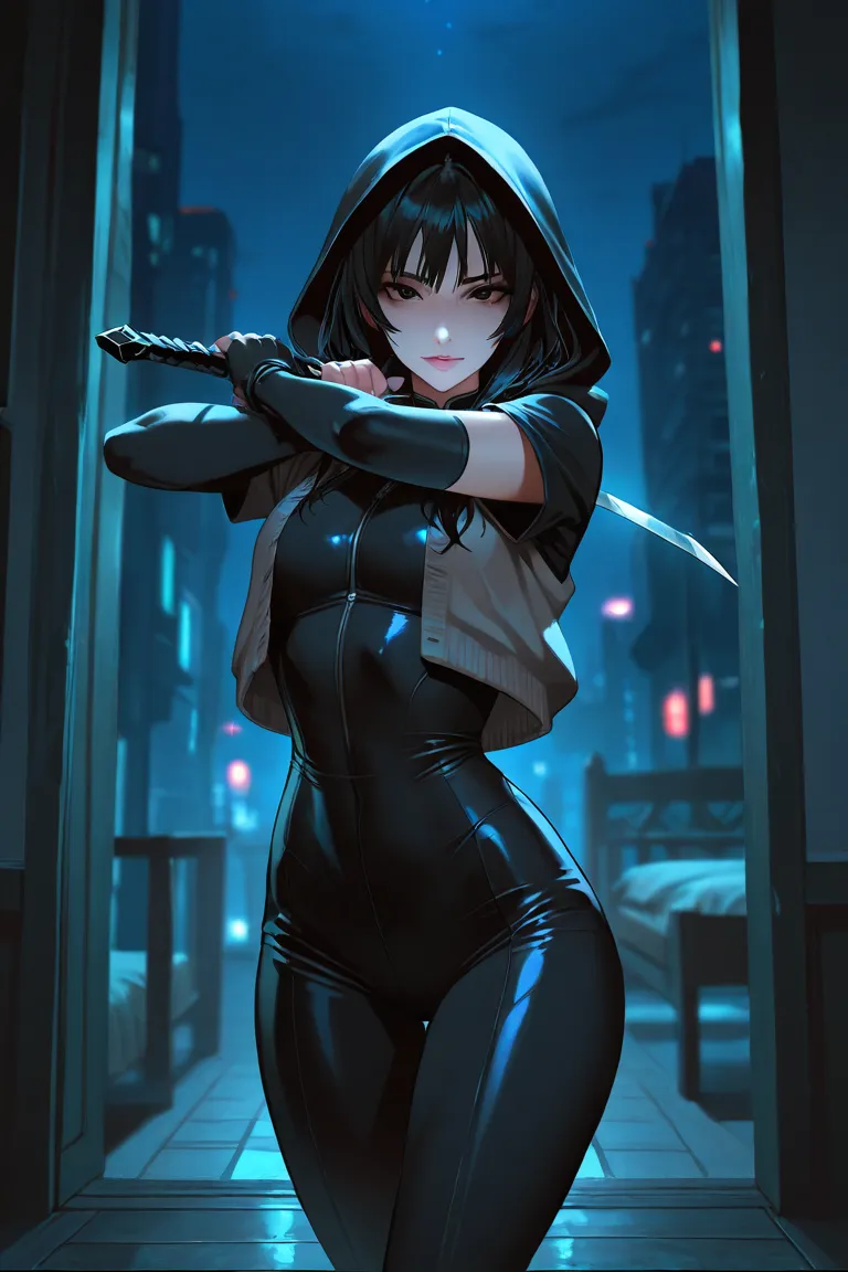 beautiful villain girl, dark black hair, dark eyes, attractive, top quality, masterpiece, cinematic shot, night time, dark ambience, dynamic pose, mysterious, bedroom eyes, wearing a layered short sleeve cardigan, tight assassin suit, has a short sword, ho...