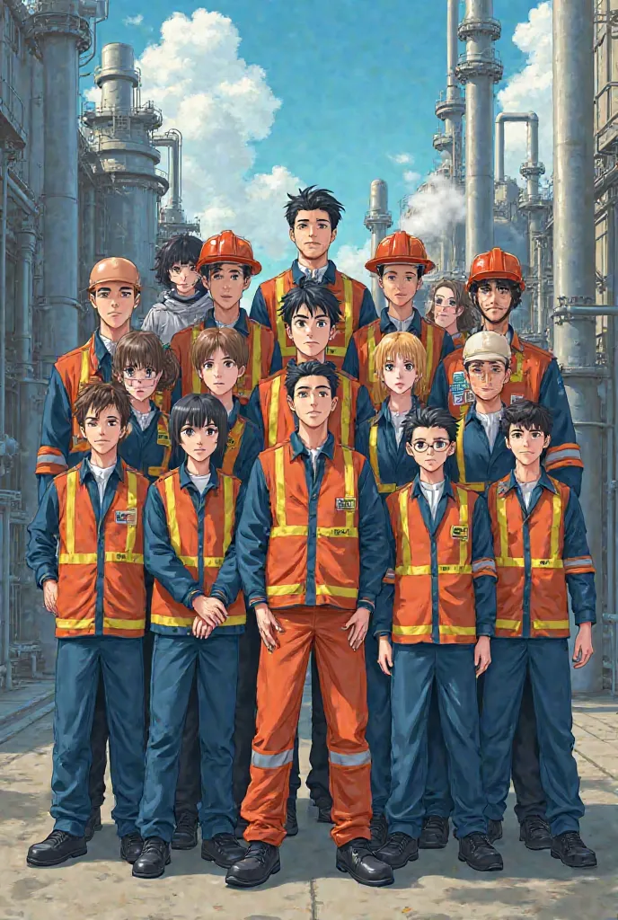 19 people working at oil plant position & do group photo anime version