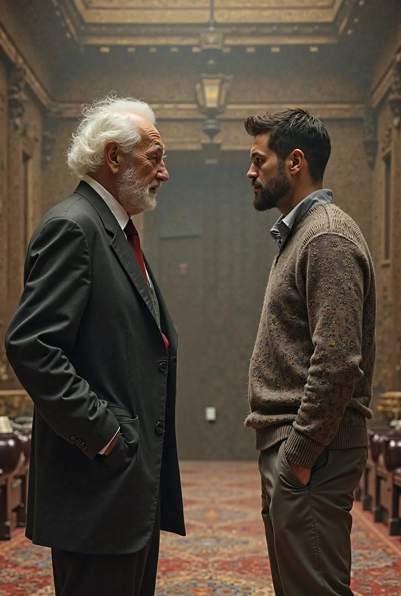 Two men are talking. One is old and stupid. The other is young and smart. The old man is wearing a decent suit. The young man is wearing a sweater and trousers. The background is a large room.