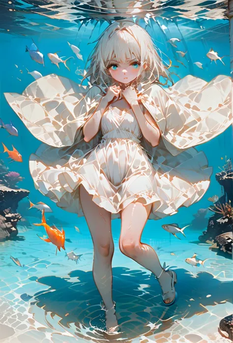 ( required items), (best quality), very well detailed, 1 girl, perfect face, ( solo full body shot:1.3), very well detailed顔，( long white hair that covers shoulders:1.5)，(Blue Eyes:1.4)，(In the water:1.4)，(white dress:1.5)，ocean，Coral Reef，School of small ...