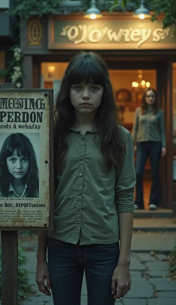 In the foreground is a missing person poster on a telephone pole. It is a young girl with dark brown hair and green eyes. In the background, the girl is standing in front of a cafe with the sign "O'Lowrey's" above the cafe door.. Dark atmosphere and movie ...