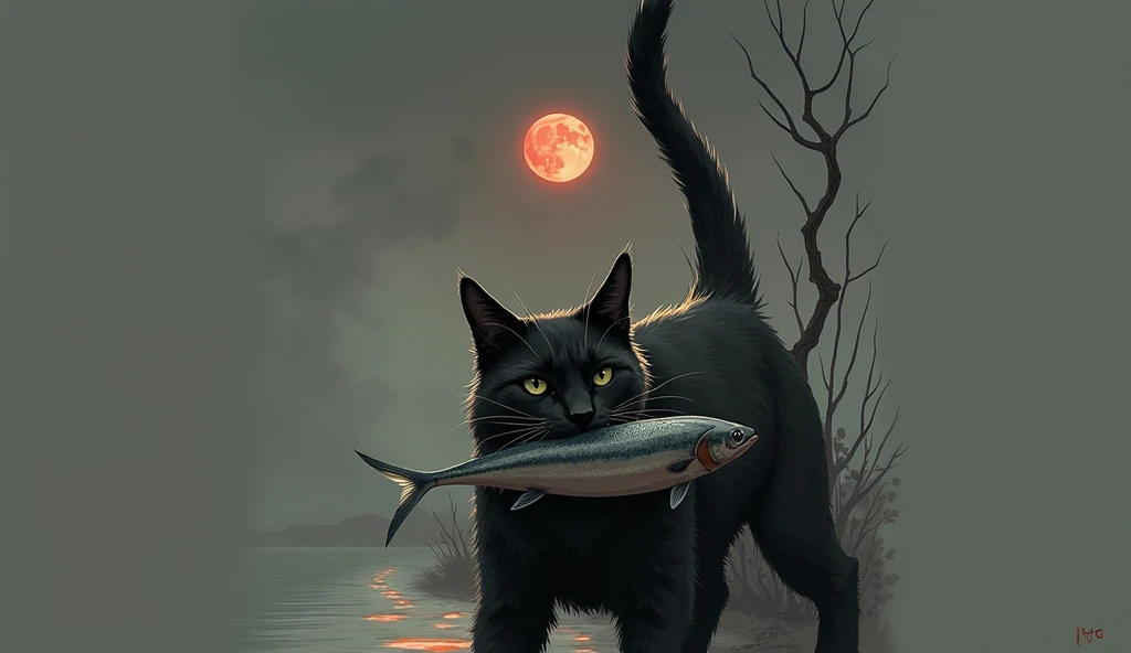 normal Cat fish in his mouth,Walking under red moon,water color painting.