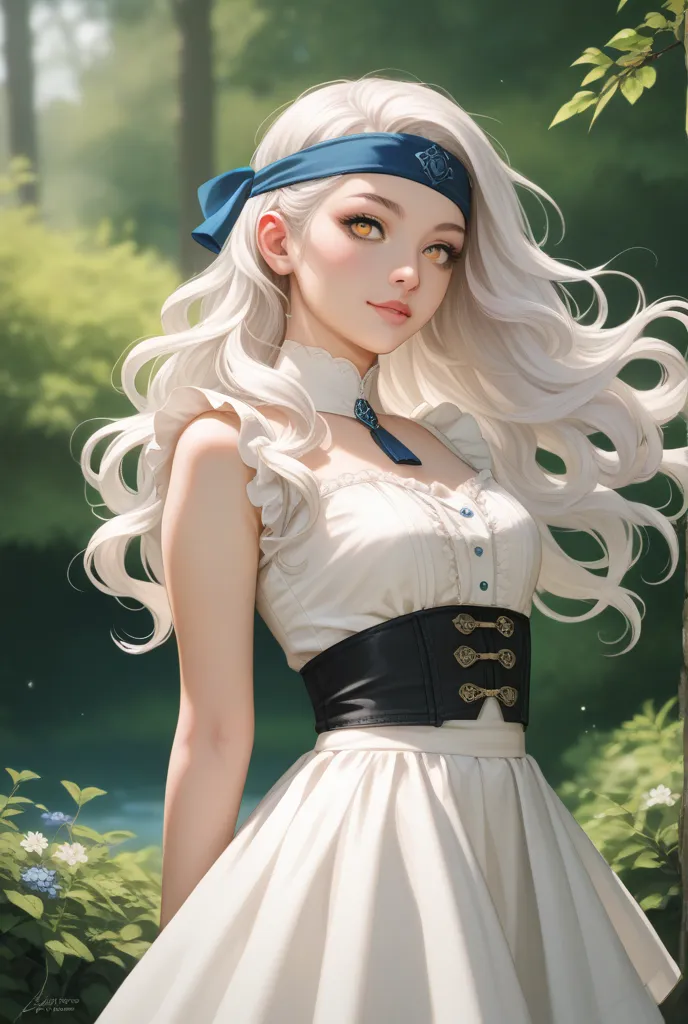 a girl, anime style. Yellow eyes, long white hair, her loose hair and a rebellious fringe,  adorned with a headband. Wear a white blouse and a short black skirt.