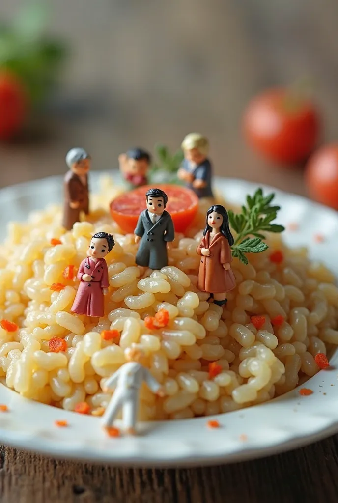 there are many figurines of people on a plate of rice , an inclined diversion photo of Fei Danxu,  contest winner shutterstock,  concept art ,  nhiếp ảnh culinary art , Amazing food illustration, amazing food photography,  surreal food photography , 4k pol...