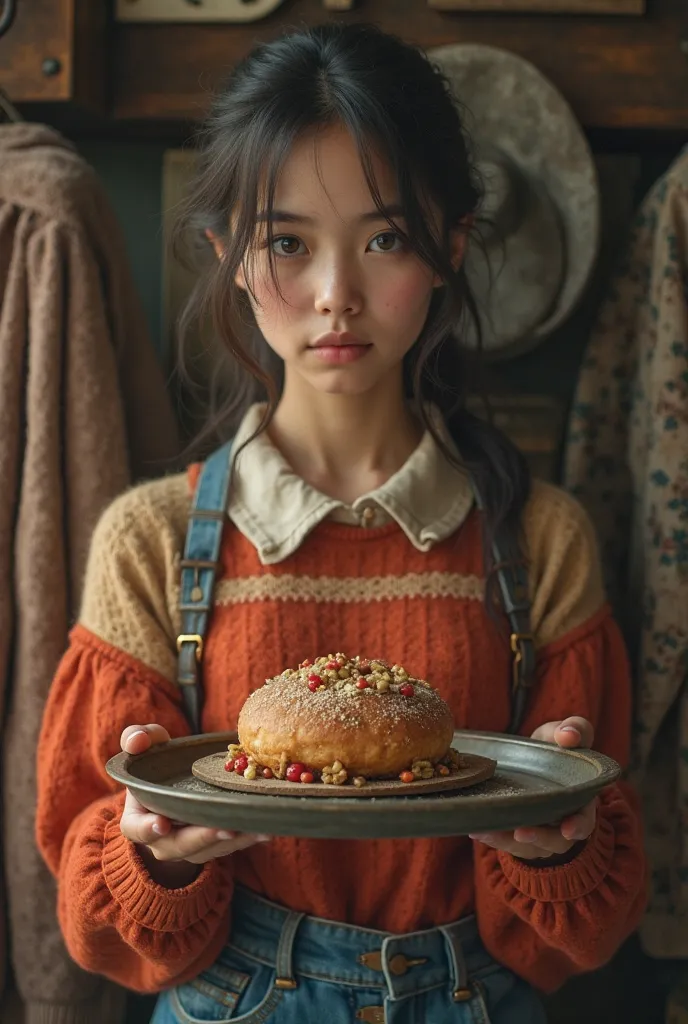 The girl is facing the camera and looking at the tray in her hand tilted towards the floor is a sweatshirt with a slightly old hat in a dark color on it