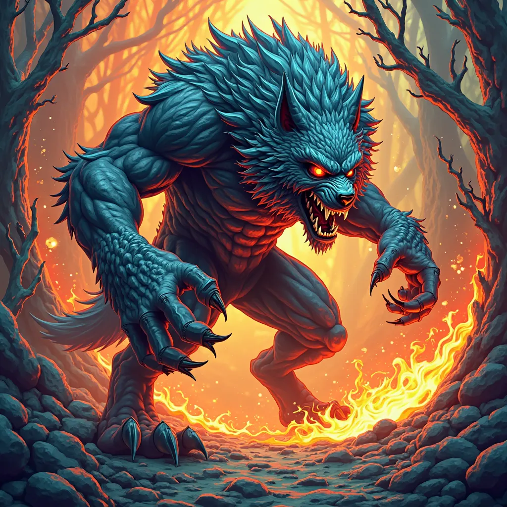 NFT 3D woodcut colorful angry monstrous werewolf setting off flashy fire