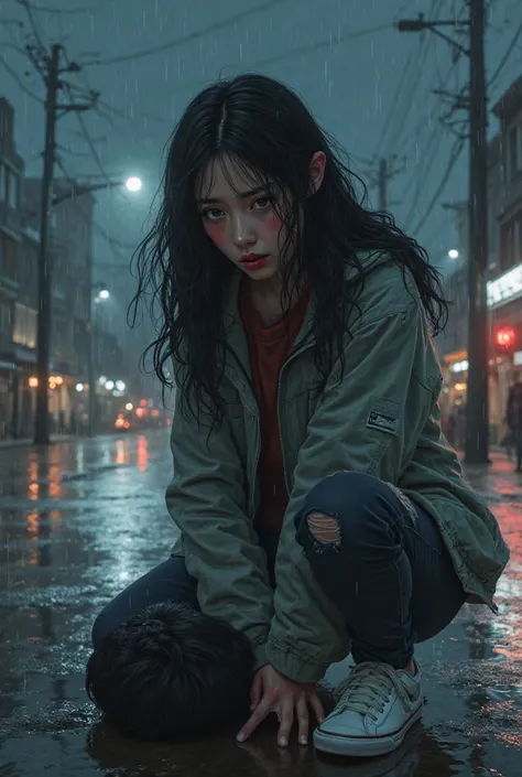 " A hyperrealistic illustration of a young woman with long jet-black hair ,  messed up by despair ,  as crystal clear tears run down her cheeks . his eyes,  of a deep brown color ,  are full of pain and hopelessness ,  reddened by crying .  She wears a lig...