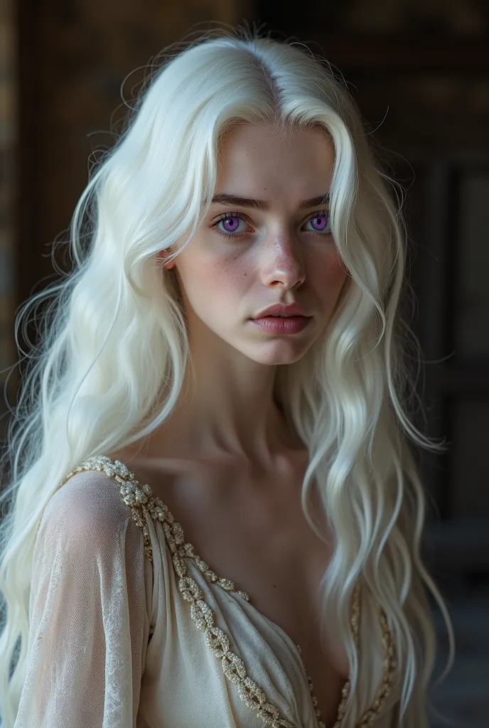 Make a young girl with long white hair, purple eyes,  very pale white skin , Very beautiful and sexy, half naked,  in a medieval room from the Middle Ages , next to him is a very tall man , purple eyes and pearly white hair with pale white skin