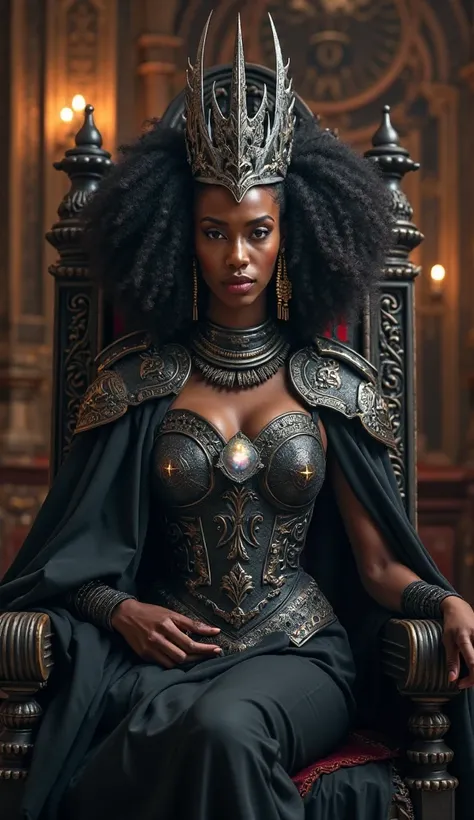 "A powerful and majestic African warrior queen sits on an imposing, dark wooden throne adorned with intricate carvings. She wears an ornate black and silver crown with sharp, gothic detailing, symbolizing her dominion and strength. Her armor is crafted fro...