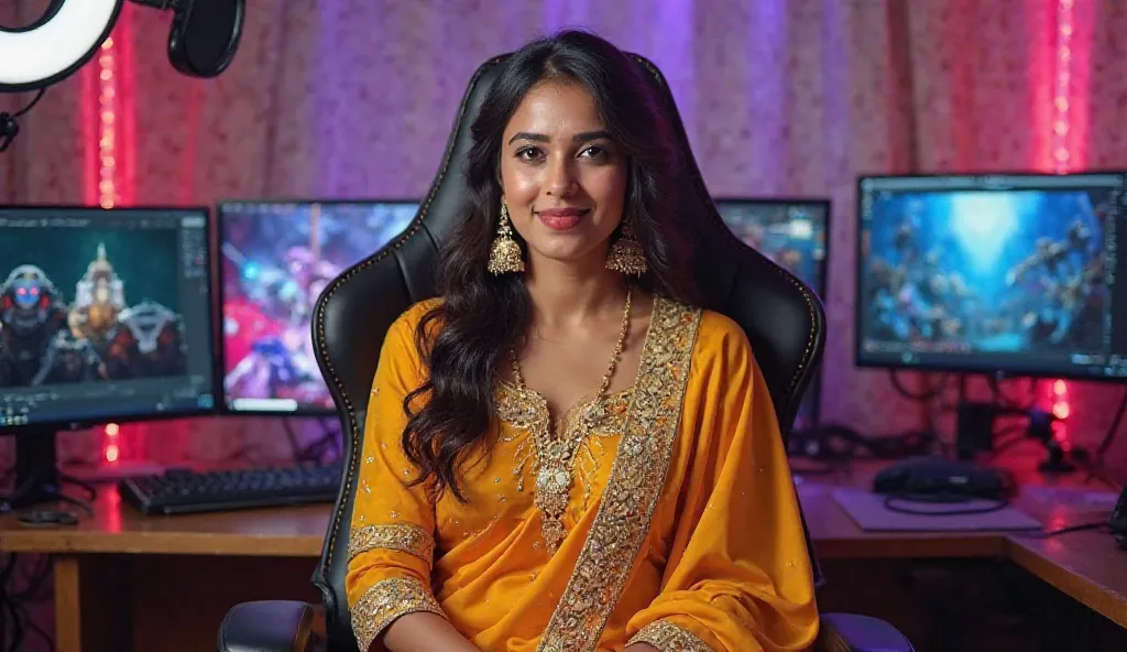 "An Indian woman with a confident expression, wearing a traditional Bhagwa (saffron-colored) dress adorned with intricate golden embroidery. A matching dupatta is draped around her neck. She sits upright on a sleek gaming chair, facing the camera directly ...