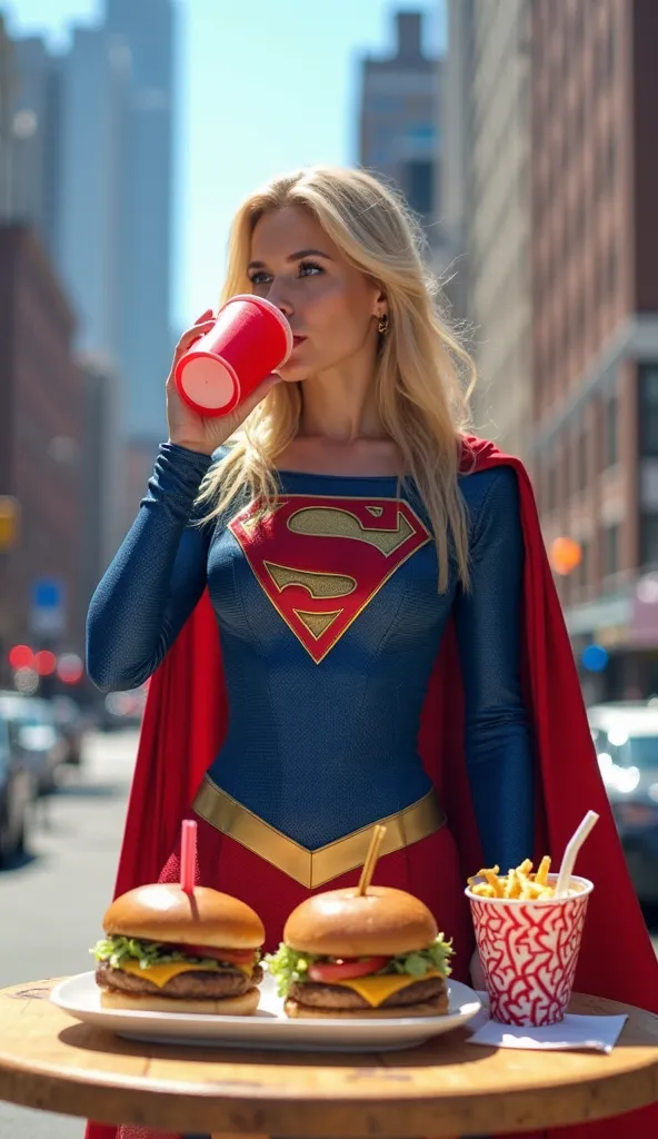 "Supergirl in her blue-and-red Kryptonian costume with a red cape stands at a wooden table on a city street, drinking from a red cup with a straw in her right hand. She has a slender physique, her costume fitting snugly over her curves. Her hair is long an...