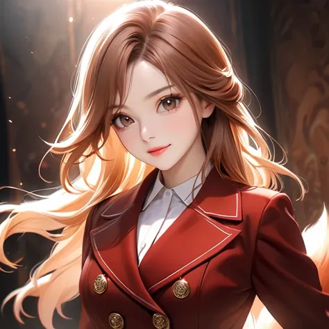 FINALFantasy,A beautiful and Brightness young business woman. fox Essence, The background is fluffy Shining, emphasizing her presence. british red brown outfit,Extraordinary fashon, The image should be refined, realistic, and high-quality, with a soft ligh...