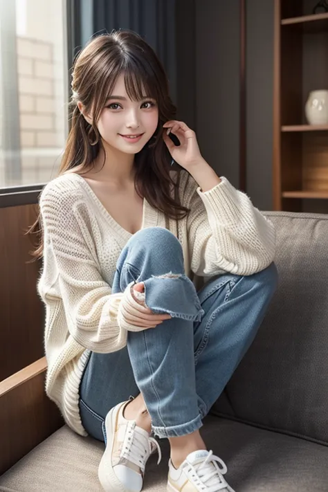 wearing a blue sweater、semi-long hair、wearing white sneakers、 Beautiful Japanese、art deco interior、looking at the camera、 beautiful eyes in every detail 、 cute smile up to the knee、 Gentle and gentle expression  