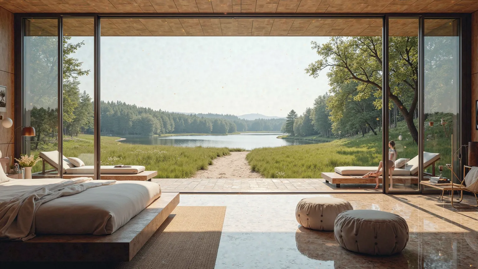 Color photo, photorealistic, Ein See , A modern building with a wide glass façade, Interior view,bedroom, Luxuriously furnished,Very large room, Outside sandy path through a meadow landscape with loungers benches and chairs,  in the background forest 