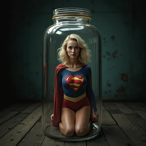 (glass jar: 1.45), masterpiece, very good quality, blonde American woman with small breasts, trapped sitting in a glass jar, (behind glass), shocked, posing for a photo, ,she is wearing a supergirl costume with no cape, freckles, (blond hair: 1), wavy hair...