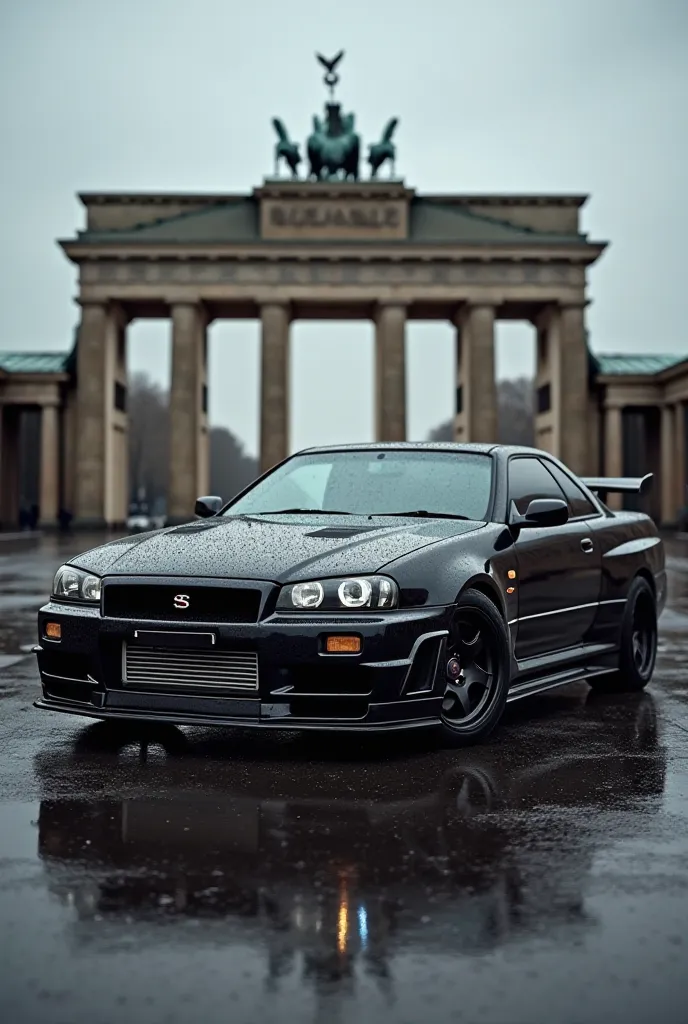 Take a picture of a black Nissan Skyline R34. This should be realistic in rain with reflection in a puddle. In Berlin at the Brandenburg Gate