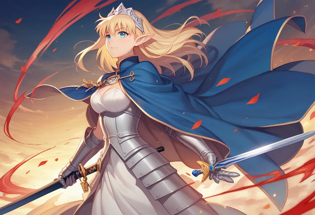 Blond, blue-eyed, and wearing a blue cloak、 holding a sword, Altria Pendragon at the funeral, , portrait  a knight girl of the zodiac , official art, Popular Isekai anime , anime style like Fate/stay,  a knight girl of the zodiac ,  high definition artwork...