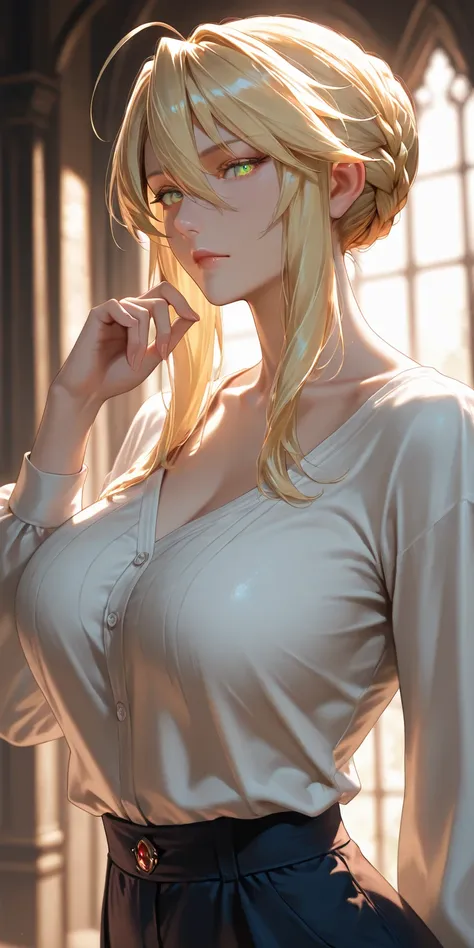 Masterpiece, very aesthetic, vibrant, high contrast, high resolution, ultra detailed, elegant mature woman, artoria Pendragon (lancer), upper body, long sleeve casual shirt, collarbone, sophisticated,looking at viewer, soft light, best quality, newest, cas...