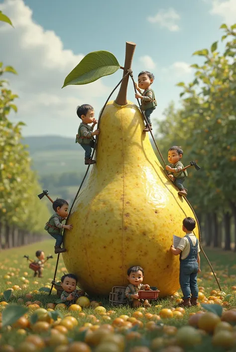 In a beautiful countryside orchard, ((realistic human miniatures)) are climbing a gigantic pear using ropes and pickaxes. Some are cutting slices from the top with tiny saws, while others descend on zip lines to transport pear chunks to mini wheelbarrows. ...