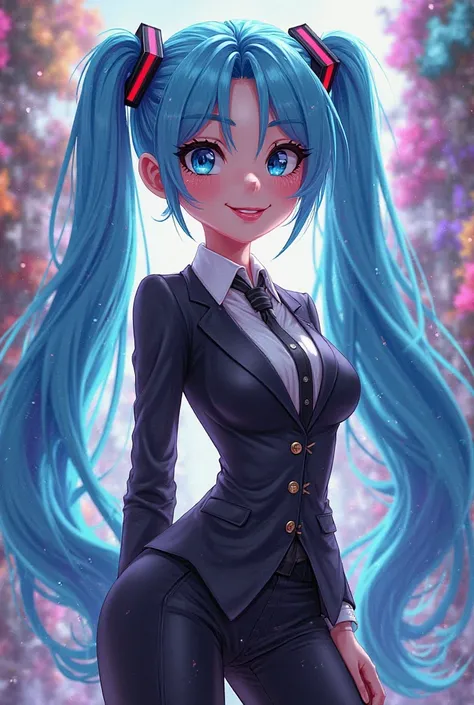 A female cartoon character with long hair tied in two strands with low hair, bright blue hair, wearing a cute black suit.