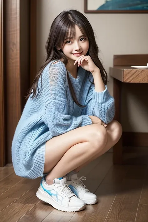 wearing a blue sweater、semi-long hair、wearing white sneakers、 Beautiful Japanese、art deco interior、looking at the camera、 beautiful eyes in every detail 、 cute smile up to the knee、 Gentle and gentle expression  