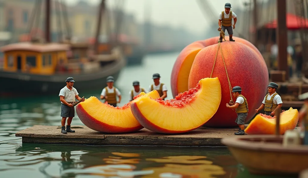 At a bustling riverside port, ((realistic human miniatures)) are slicing a gigantic peach and loading huge peach slices onto tiny boats. Miniature sailors secure the peach slices with ropes, while a tiny crane operator lifts heavy pieces onto the deck. A m...