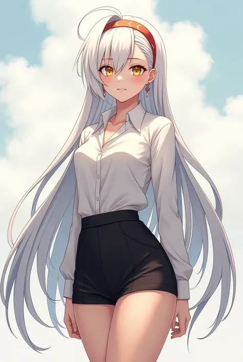  Tall woman, anime style. Yellow eyes, long white hair. Wearing a white blouse and a short skirt to the black waist. She wears small earrings and a headband on her head..