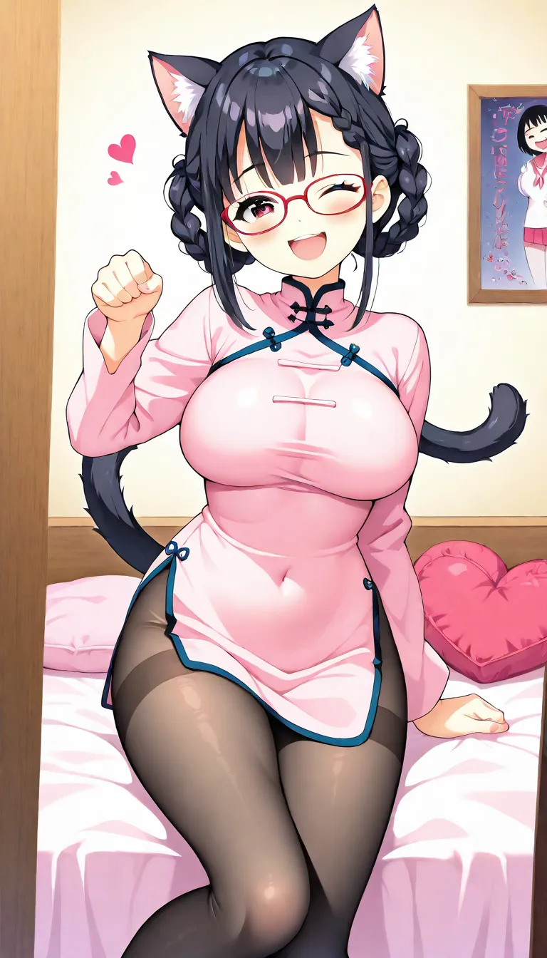 nsfw,（Best Quality), Primary school students、a girl, solo, sexy,(lovely), beautiful white qipao, black hair, braid hairstyle, cat ears, a fluffy cat tail on your butt, wearing glasses ,((middle breasts)), Laughing, simple background, the bedroom in love ho...