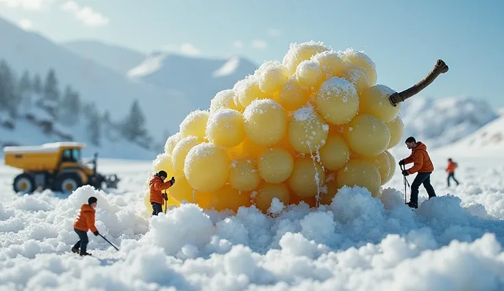 In an icy winter landscape, ((realistic human miniatures)) are scaling a gigantic frozen grape, using tiny ice picks and ropes to carve chunks for an enormous fruit slushy. A tiny snowplow clears the frozen grape pieces, while a mini bartender in a ski jac...