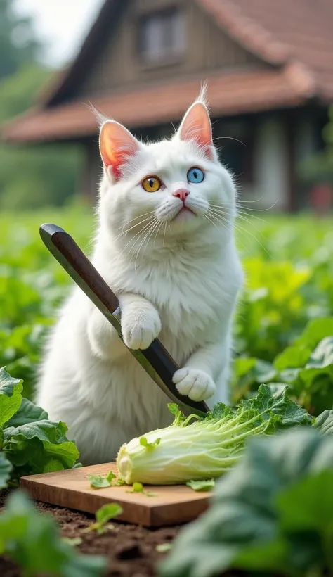 A beautiful white cat with light blue right eye and yellow left eye stands upright in a lush vegetable patch. The cat has a neutral, slightly curious expression and looks straight ahead with round eyes. It is holding a large, sharp knife with its white-glo...