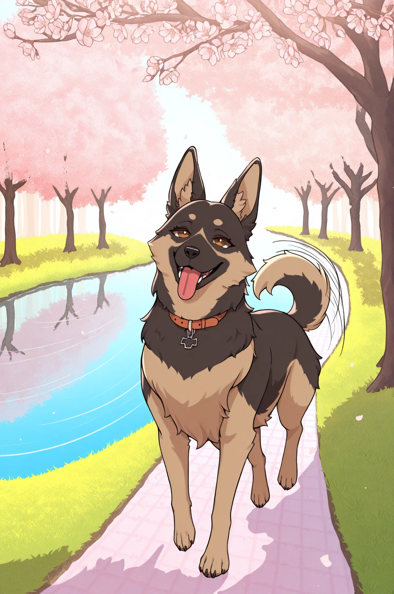 masterpiece, best quality, absurdres, highres, newest, animal, female dog, german shepherd, no humans, park, cherry blossoms trees, lake, running, tongue out, happy, tail wagging