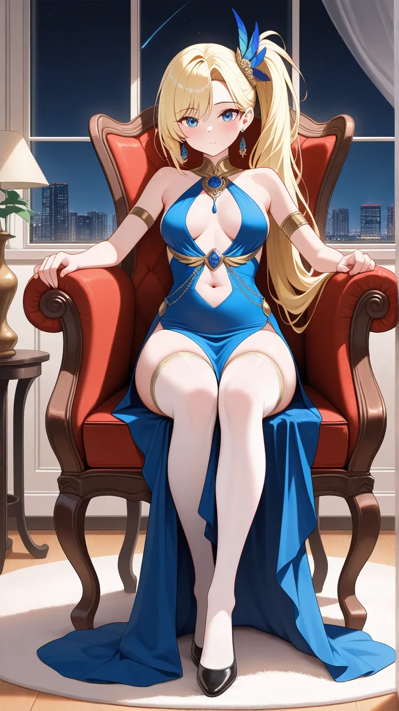 , Pavolia Queen, Pure Base , Upbeat Student ,Full body，  slouching posture　Full body，long hair, side ponytail, Feather ornament, A slim body。Full body， slouching posture　large size blue dress, belly button removal , detach sleeve, earrings, white thigh hig...