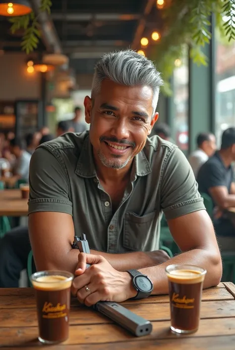 Hyper realistic, ultra hd A Handsome indonesian man undercut grey hair, is "on the cafe yard". Lookin at camera smilling. Holding a gun
Wearing casual outfit,shorts and white sandals. On table is many "dirty glass" of coffee, the cafe brand  naame is "Koko...