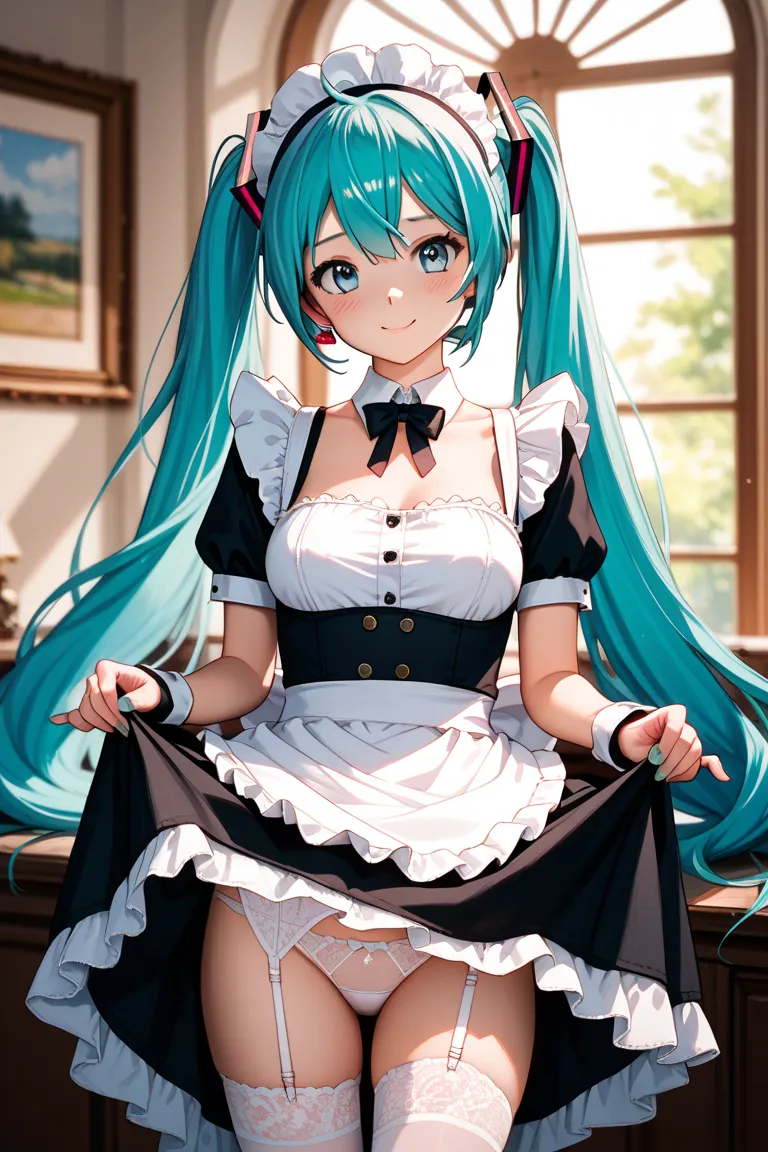 Hatsune Miku wears maid clothes and garter belts, lifts up her skirt, and shyly shows off her pants