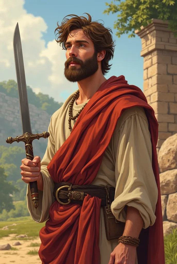 (Disney drawing: 1.2), man, short hair, beard, serene appearance, Paul's clothes, with a worn red cape, carrying a Roman sword, Paul of Tarsus biblical clothing.