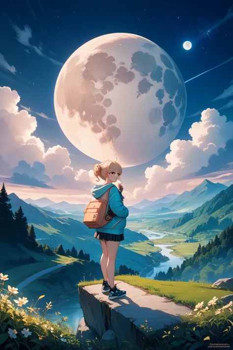 A girl in a hoodie is looking over here with the moon in the background