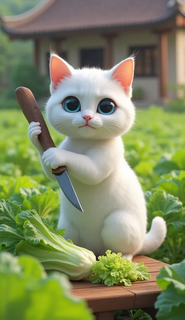 A beautiful white cat with light blue right eye and yellow left eye stands upright in a lush vegetable patch. The cat has a neutral, slightly curious expression and looks straight ahead with round eyes. It is holding a large, sharp knife with its white-glo...