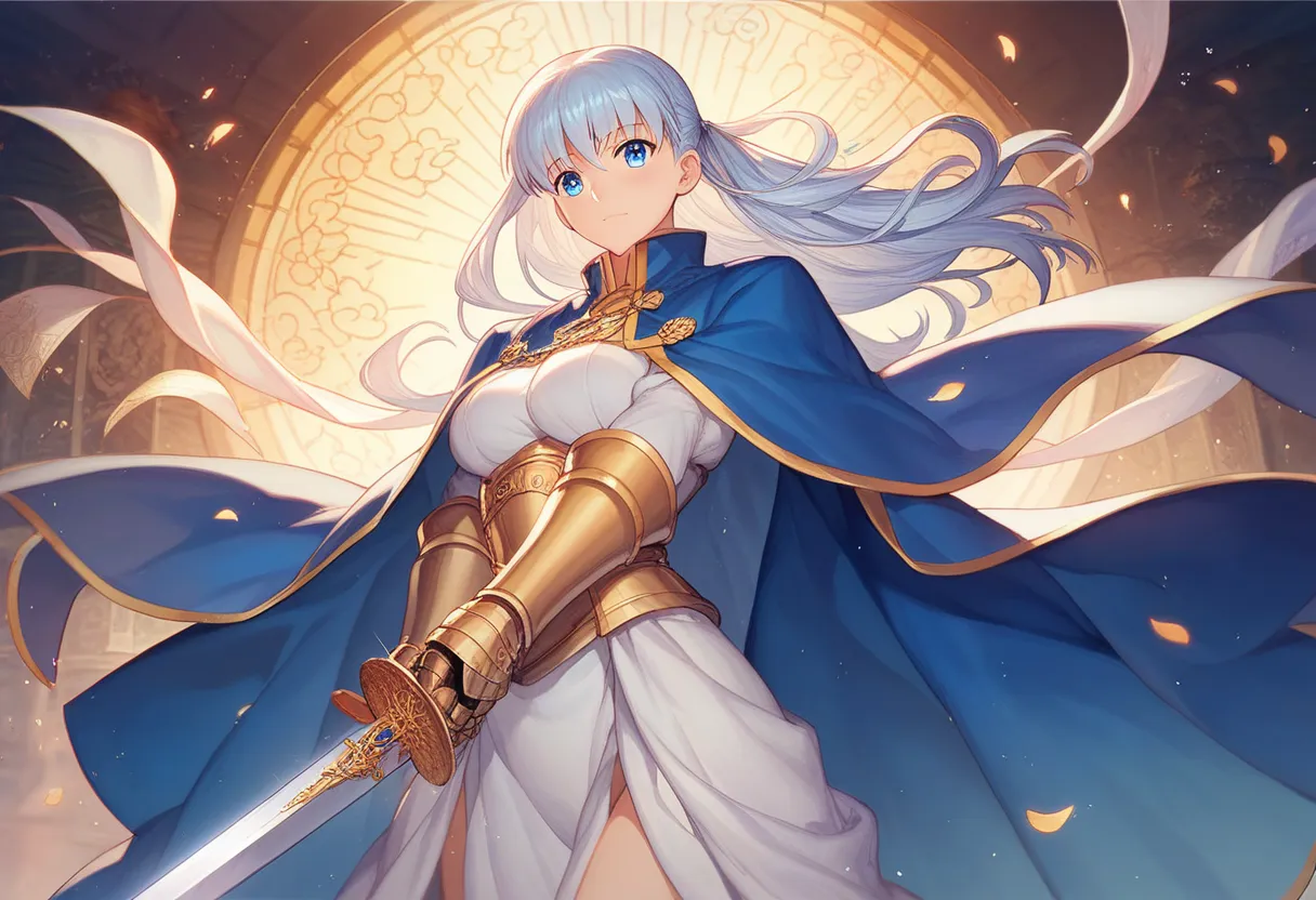 Blond, blue-eyed, and wearing a blue cloak、 holding a sword,  Illustrations inspired by Riechvalier, pixiv contest winner, conceptual art, Altria Pendragon at the funeral, , portrait  a knight girl of the zodiac , official art, Popular Isekai anime ,  a kn...