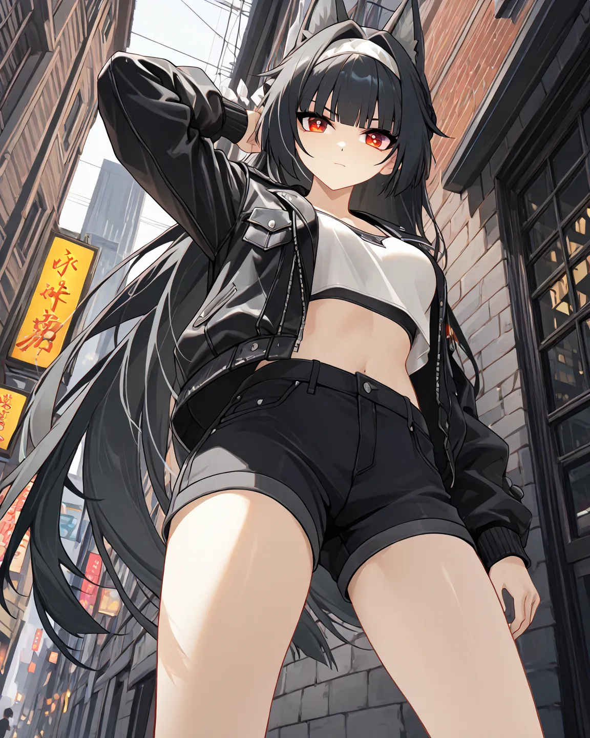 1 girl,hoshimi miyabi(zenlesszonezero),zenlesszonezero,black hair,red eye,wearing a white crop top,black casual jacket outer,cool pose,wall street,low angle medium shot,masterpiece,hd,high detail,