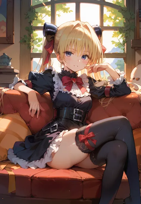 1girl, Golden Darkness, Tu Love Ru, blonde hair, black outfit with red ribbons, sitting on a couch, thigh highs with ribbons, alluring pose, BREAK, night time, mountain cottage, cinematic lighting,