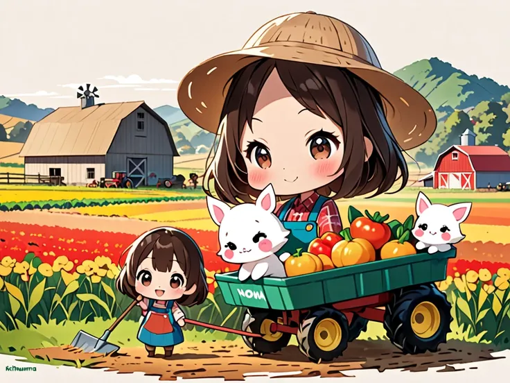  hyperrealism, Simple Line Acronym，Abstract art，Kitamura Nobuhiko style , Kawaii design ,  chibi, (((with mom))), (((Farm work))), anime