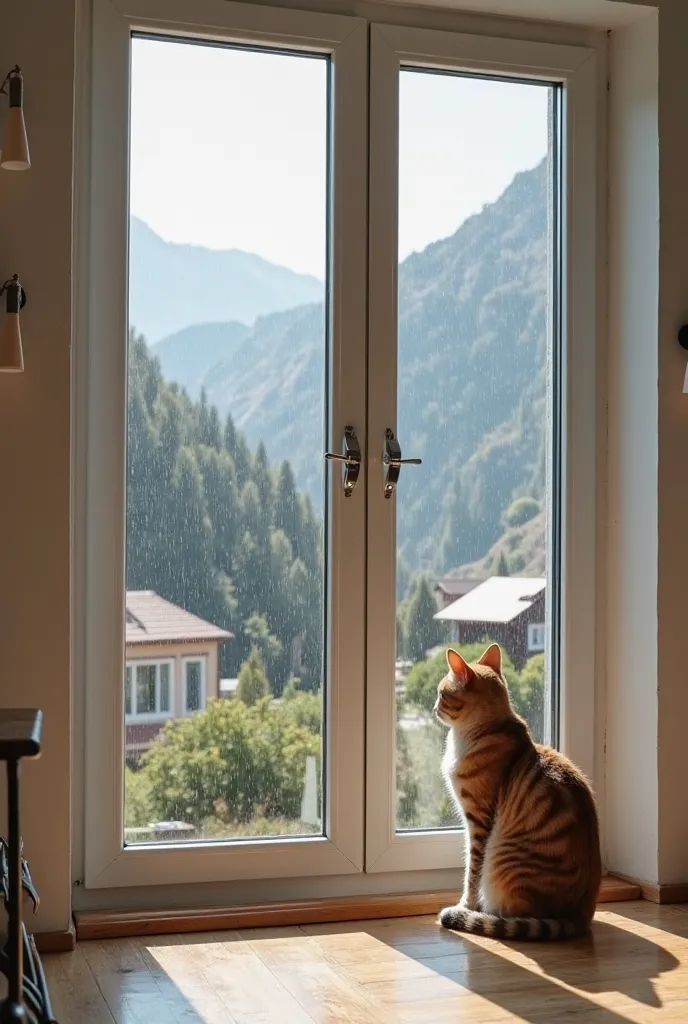 nice and beautiful white upvc windows sliding design, with glasses, inside a cat sitting and watching rain outside, and also big mountain are outside, middle east houses outside, sunlight and rain dropping together