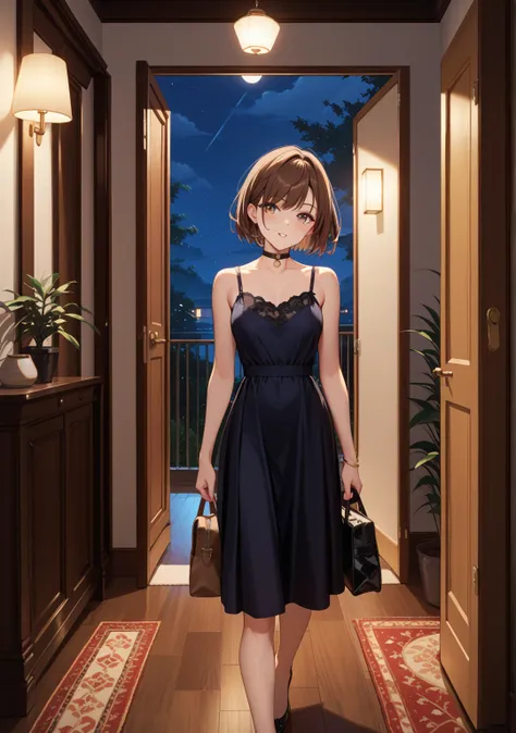 nsfw,night,one girl,,short hair,straight hair ,brown hair,brown eyes,swept bangs,black dress,bag,lounge,walking,,Fat men,open the door,choker,slender,Stole