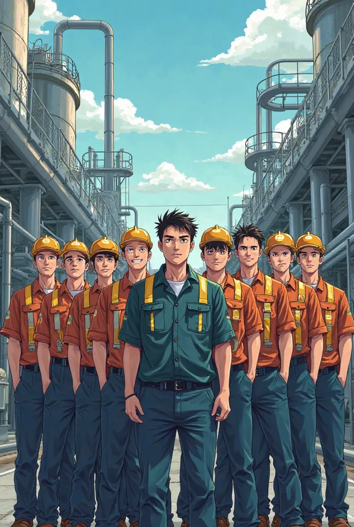 19 people all boys workers and 1 leader at the middle of the group at oil plant doing group photo anime version