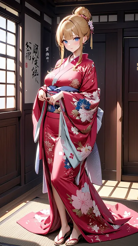 beautiful woman, golden hair, long hair, bangs, bun hair,  blue eyes,  longer lashes from si, 赤い頬, Big Breasts, (Beautiful kimono :1.5), (full body:1.5), beautiful skin, Dark Japanese-style room, soft writing, masterpiece, Best Quality, Super Detail, CG, H...