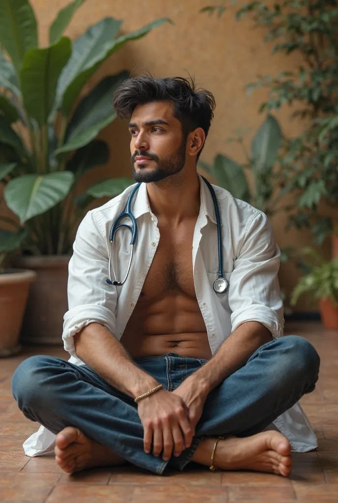 Doctor from Bogota, 30 years old, sitting on the floor with his legs crossed and his shirt fully open 