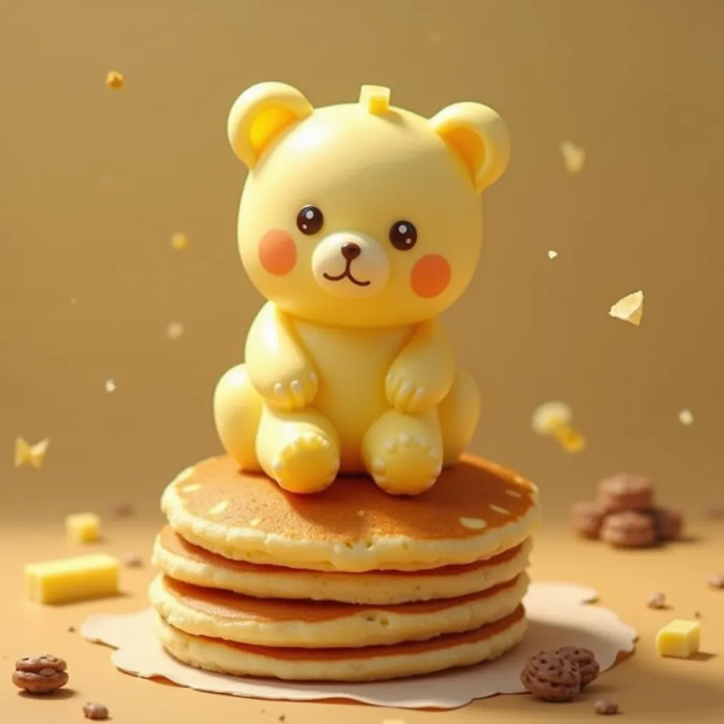  no background　There is bear-shaped butter on top of the freshly made pancakes