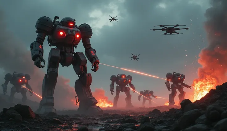 A dark, futuristic battlefield where towering war machines and AI-controlled robots engage in a ruthless battle. Gigantic mechanical soldiers with glowing red eyes and heavy armor fire advanced energy weapons. Swarms of autonomous drones hover above, scann...