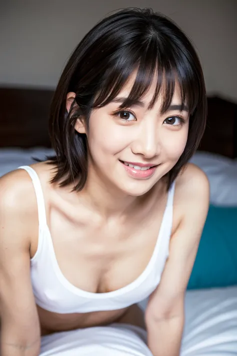 A cute 35-year-old Japanese woman、is standing on all fours in the bedroom。With short black hair、In white underwear、looking at the camera with a smile even though she is slightly embarrassed。